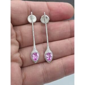 DSMK 925 Sterling Silver Real Marquise-Cut Pink Topaz & C Z Drop Dangle Earrings